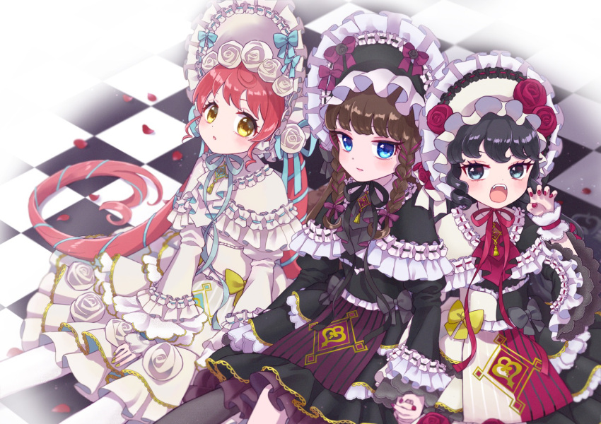 Safebooru - 3girls black hair blue eyes brown hair checkered floor claw ...