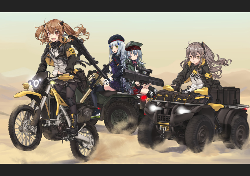 Safebooru - 4girls absurdres all-terrain vehicle assault rifle beret ...
