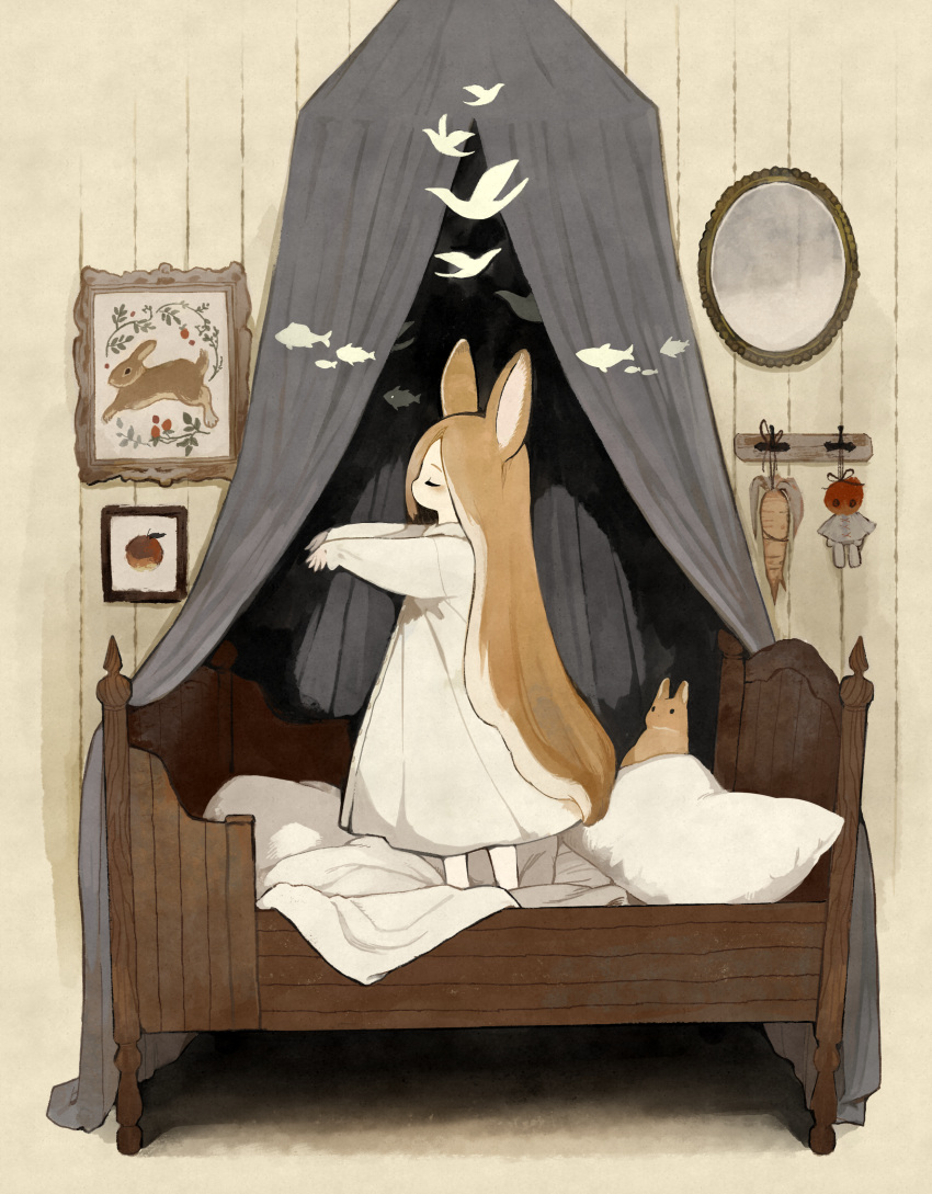 Safebooru - 1girl absurdres animal animal ears apple bed bird blanket ...