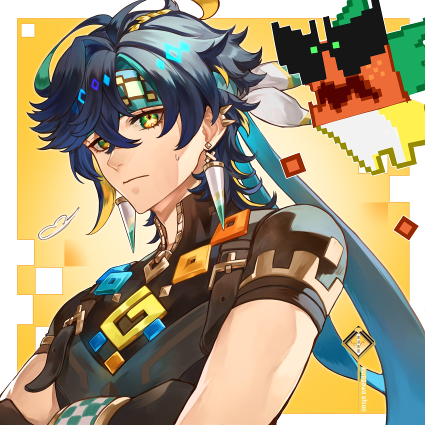 Safebooru 1boy Ajaw Genshin Impact Black Shirt Blue Hair Earrings Genshin Impact Green Eyes 7004