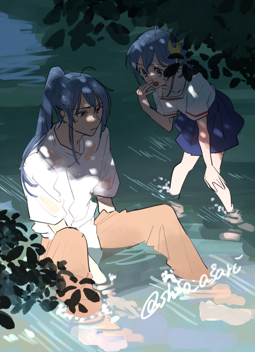 Safebooru - 1boy 1girl :d ahoge blue eyes blue hair blue skirt closed ...