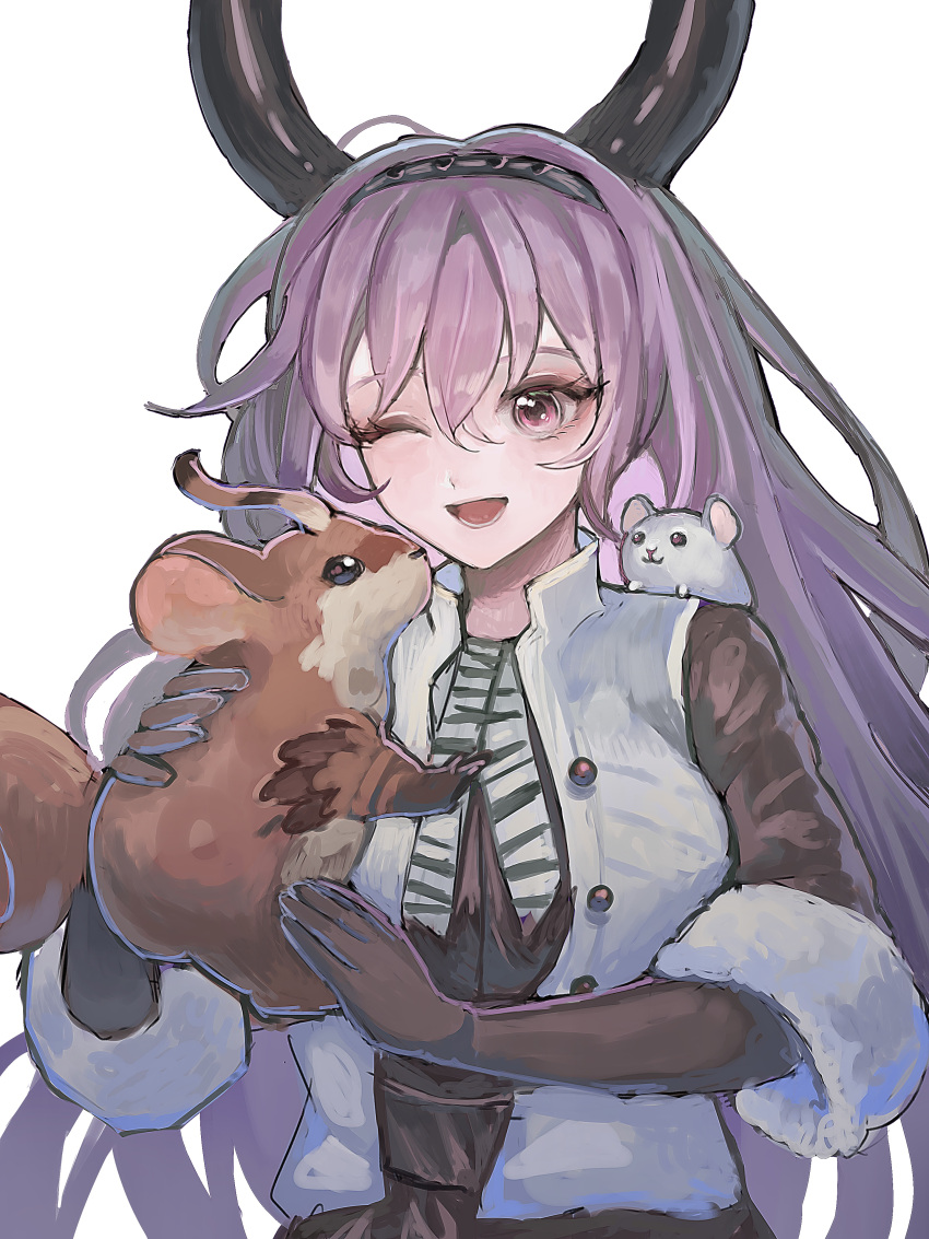 Safebooru - 1girl ;d absurdres animal animal on shoulder arknights ...