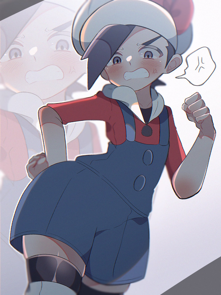 Embarrassed Pokemon Safebooru - 1boy anger vein angry black hair blue overalls blush bow ...