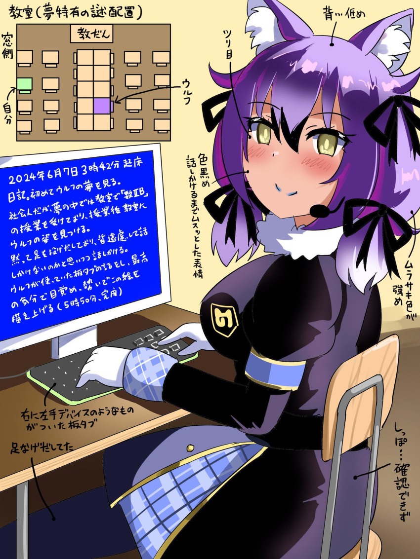 Safebooru - 1girl 3abw2 animal ears blue hair chair computer desk dire ...