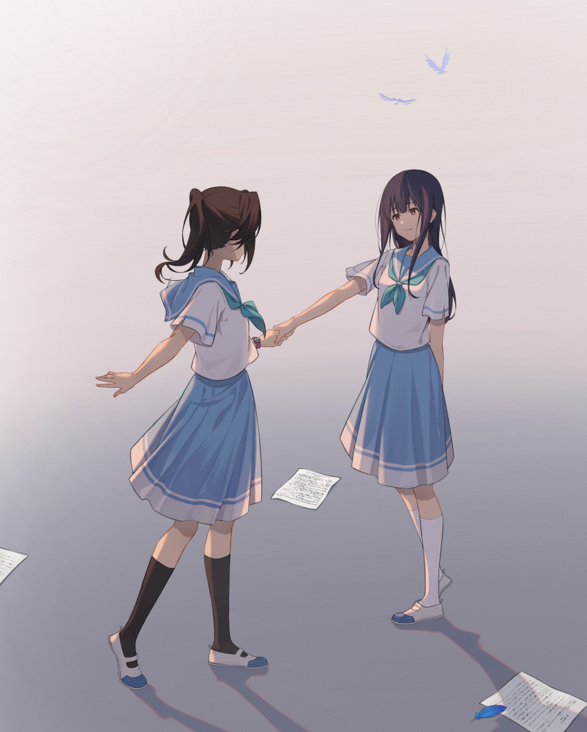 Safebooru - 2girls absurdres apuki bird black hair black socks blue ...