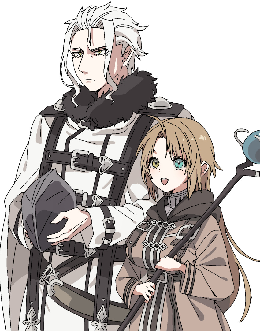 Safebooru - 1boy 1girl ahoge blue eyes breasts brown hair brown robe ...