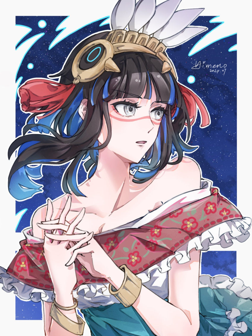 Safebooru - 1girl aztec bare shoulders black hair blue hair bracelet ...