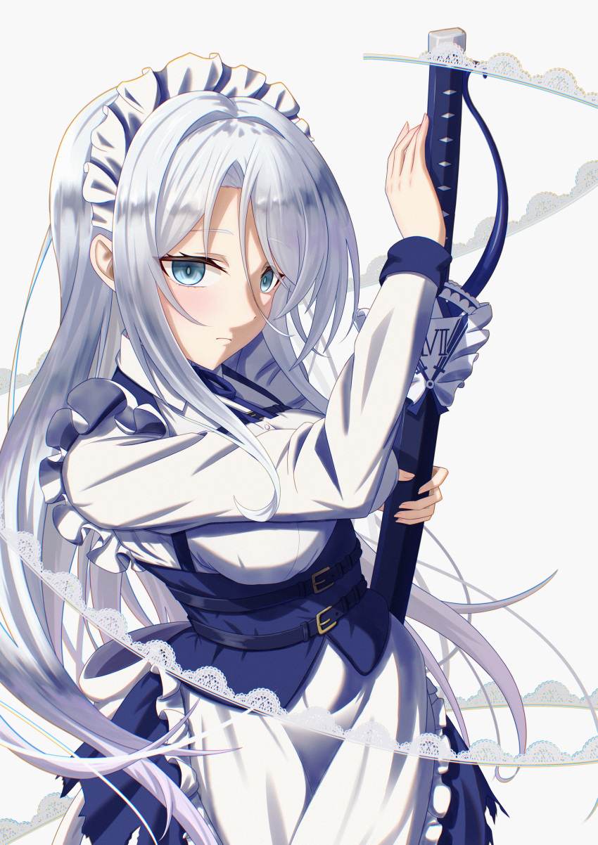 Safebooru - 1girl absurdres blue eyes grey hair highres holding holding ...