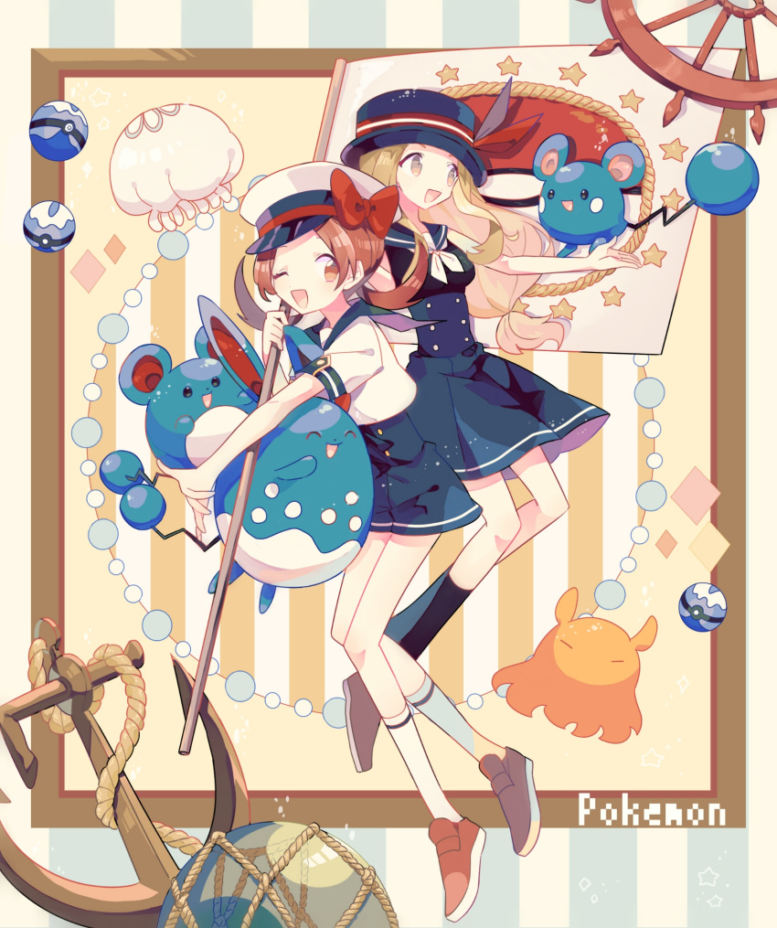Safebooru - 2girls anchor azumarill azurill blue hat blue skirt bow ...