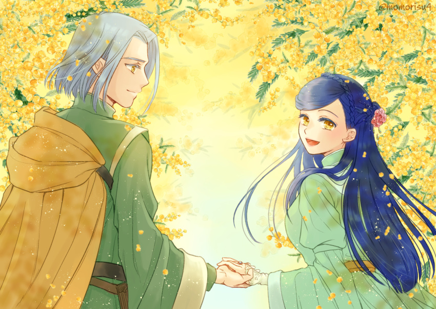 Safebooru - 1boy 1girl :d artist name blue hair braid day dress