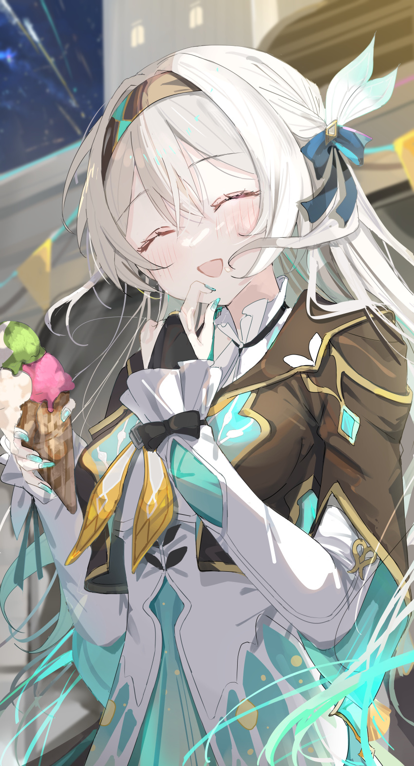 Safebooru 1girl absurdres aqua skirt black hairband black jacket blue