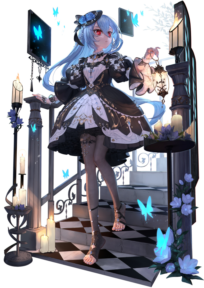 Safebooru - 1girl black dress black hat black pantyhose blue flower ...