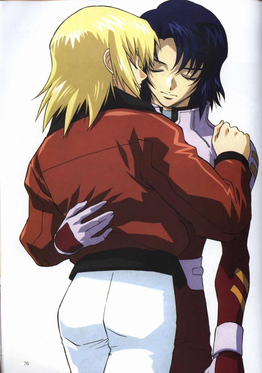 Safebooru Athrun Zala Blonde Hair Blue Hair Cagalli Yula Athha Closed Eyes Flightsuit Gundam