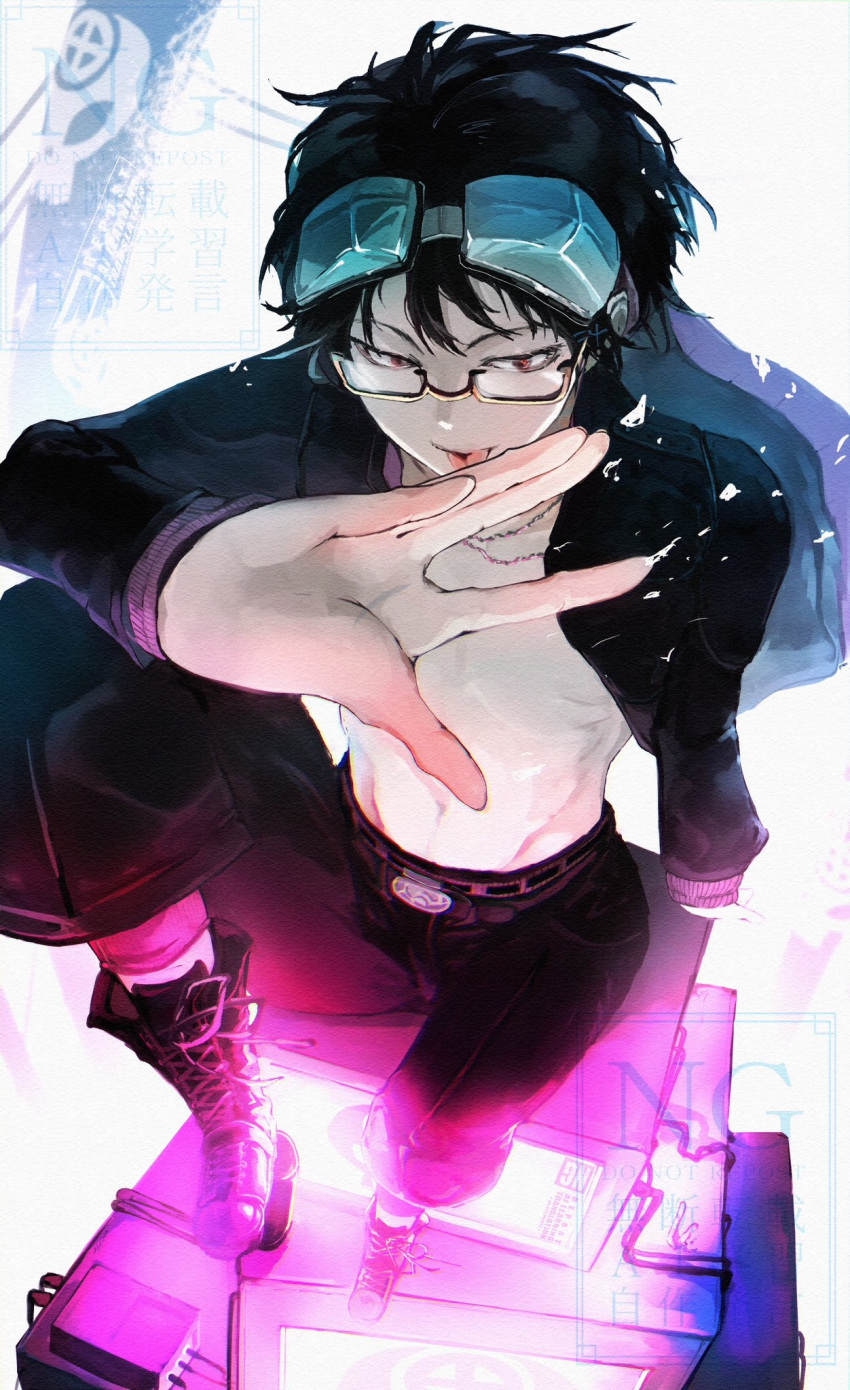 Safebooru - 1boy black hair glasses gnosia goggles green hair highres ...