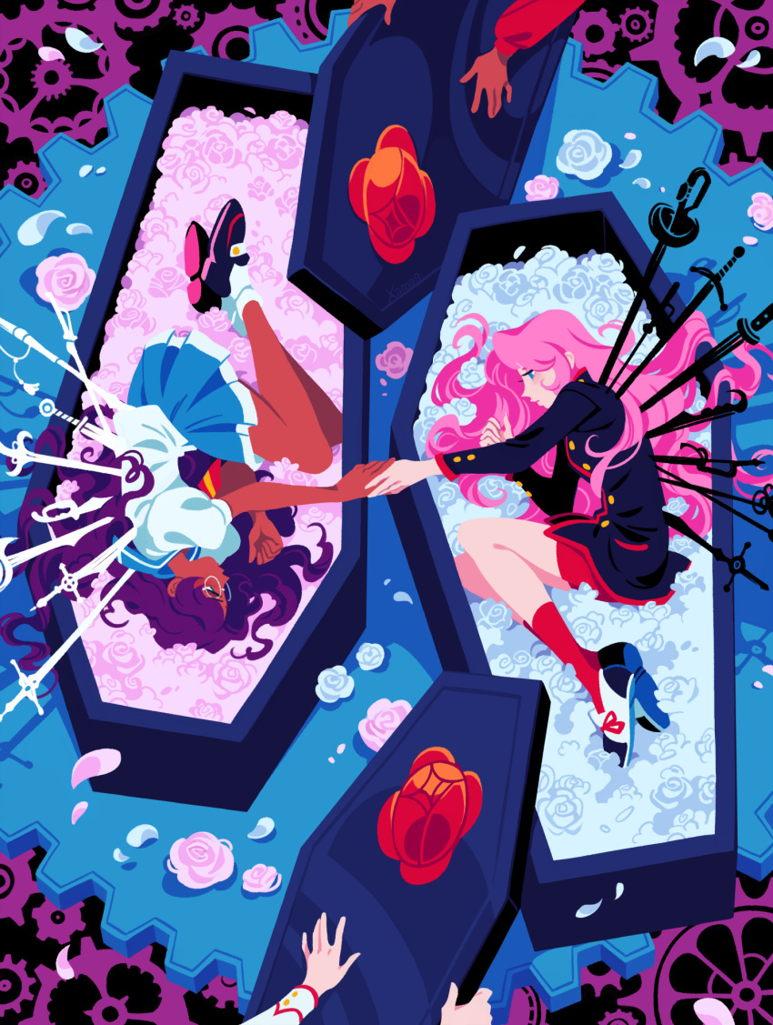 Safebooru - 2girls bindi blue eyes blue sailor collar blue skirt coffin ...