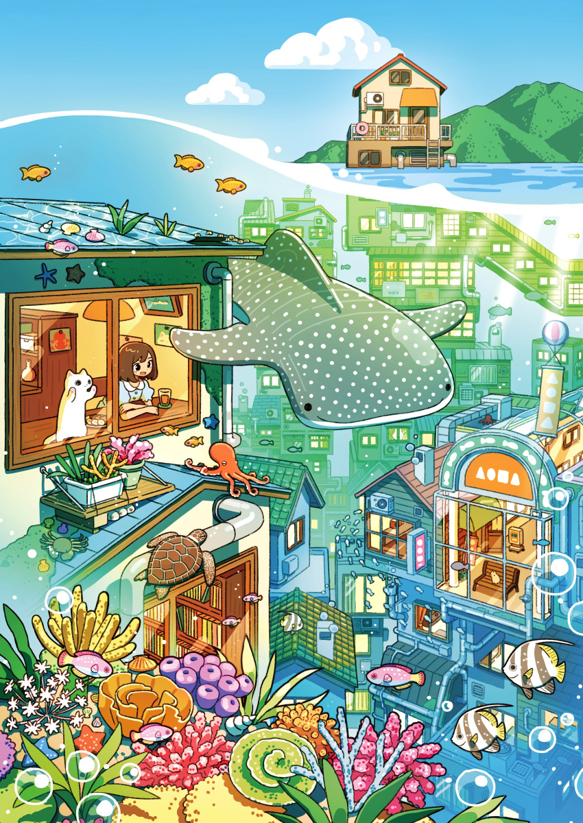 Safebooru 1girl absurdres air bubble animal bench bubble building cat