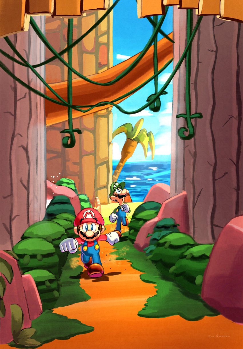 safebooru-2boys-artist-name-blue-overalls-blue-sky-brothers-brown