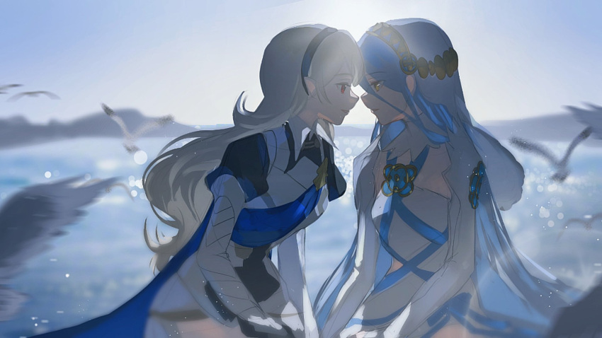 Safebooru - 2girls azura (fire emblem) backlighting bird black hairband ...
