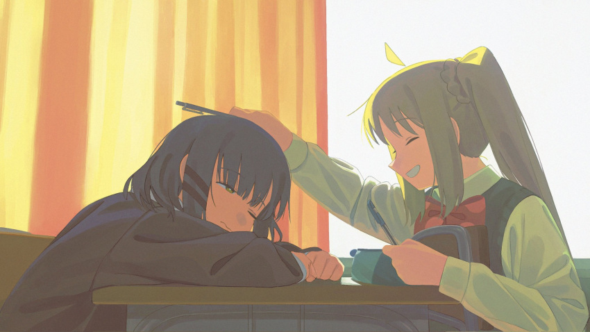 Safebooru - 2girls 3; ^ ^ ahoge arms on table balancing on head black ...