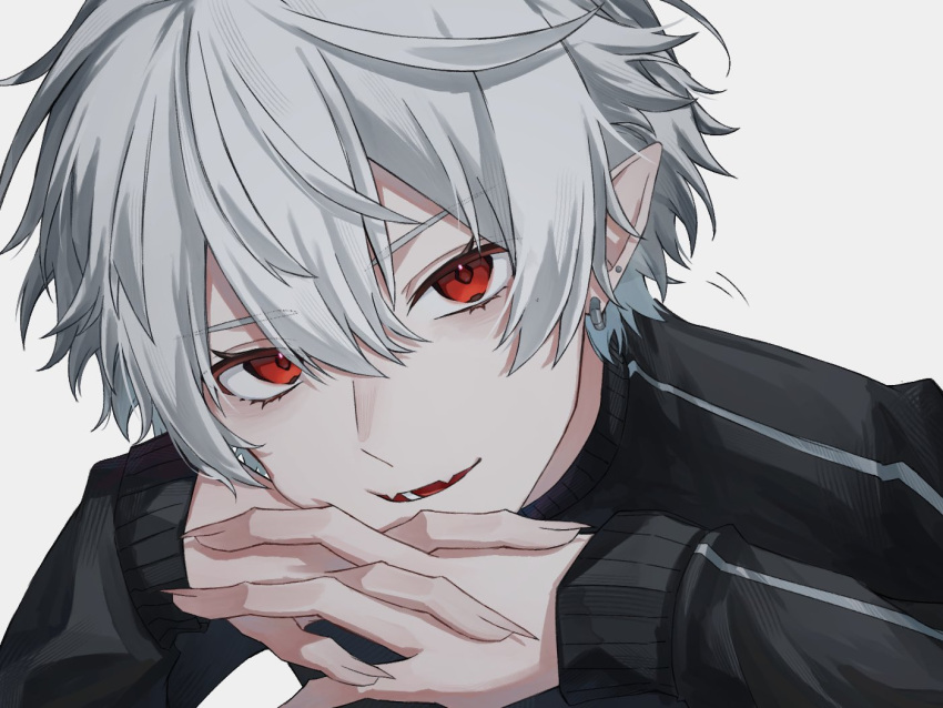 safebooru-1boy-black-jacket-earrings-fangs-grey-hair-jacket-jewelry
