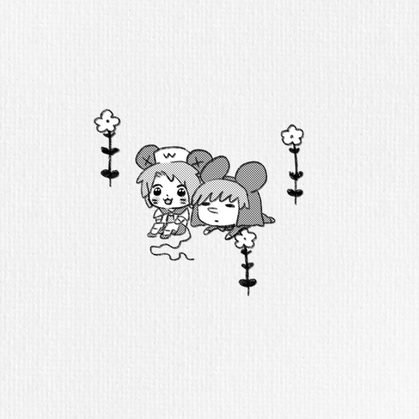 Safebooru 2boys chibi commentary request facial mark flower grey