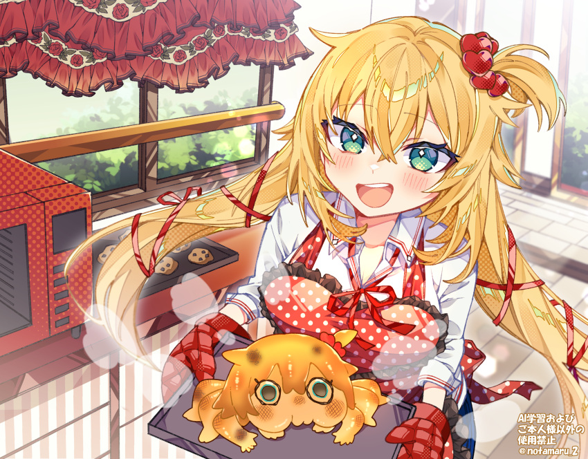 Safebooru - 1girl :d akai haato apron blonde hair blush collared shirt ...