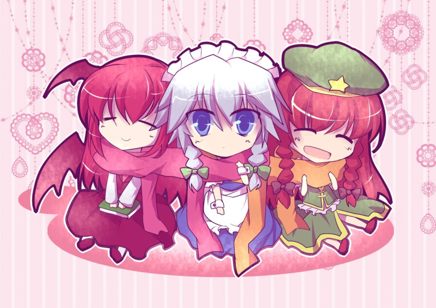 Safebooru 3girls D Bat Wings Beret Blue Eyes Book Braid Chibi Closed Eyes Fuupu Hat Head 9616