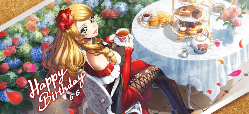 Safebooru - 1girl birthday black thighhighs blonde hair breasts cake ...