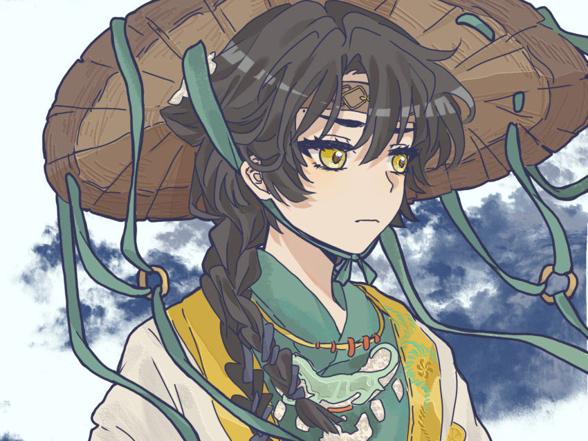 Hanfu Cartoon Rice Hat Safebooru - 1girl black hair brown hat chinese clothes closed mouth ...