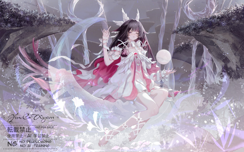 Safebooru - 1girl arm ribbon artist name bare legs barefoot black hair ...