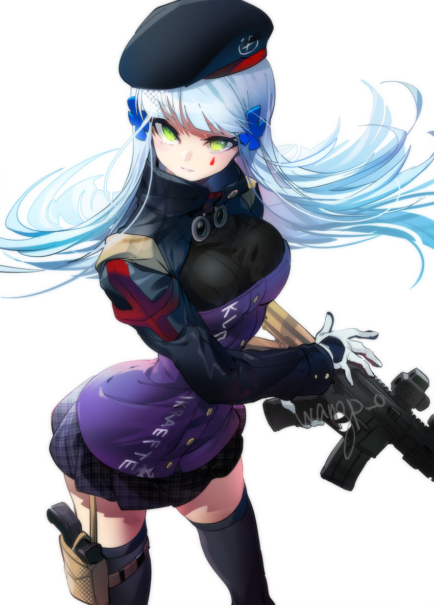 Safebooru - 1girl aqua hair assault rifle beret black hat black skirt ...