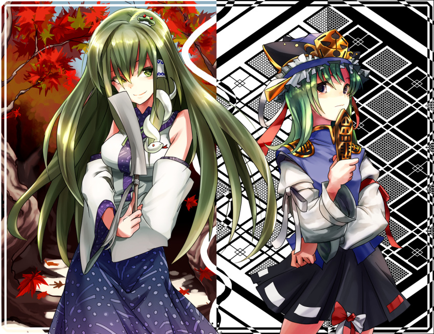 Safebooru - autumn leaves chirigami-san gohei green eyes green hair ...