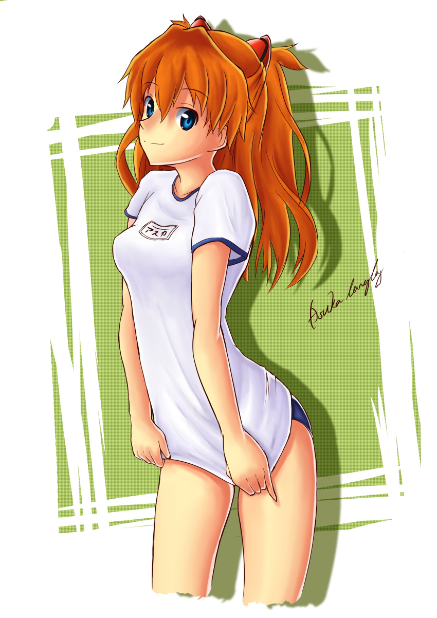 neon_genesis_evangelion red_hair redhead shirt_tug smile soryu_asuka_langle...