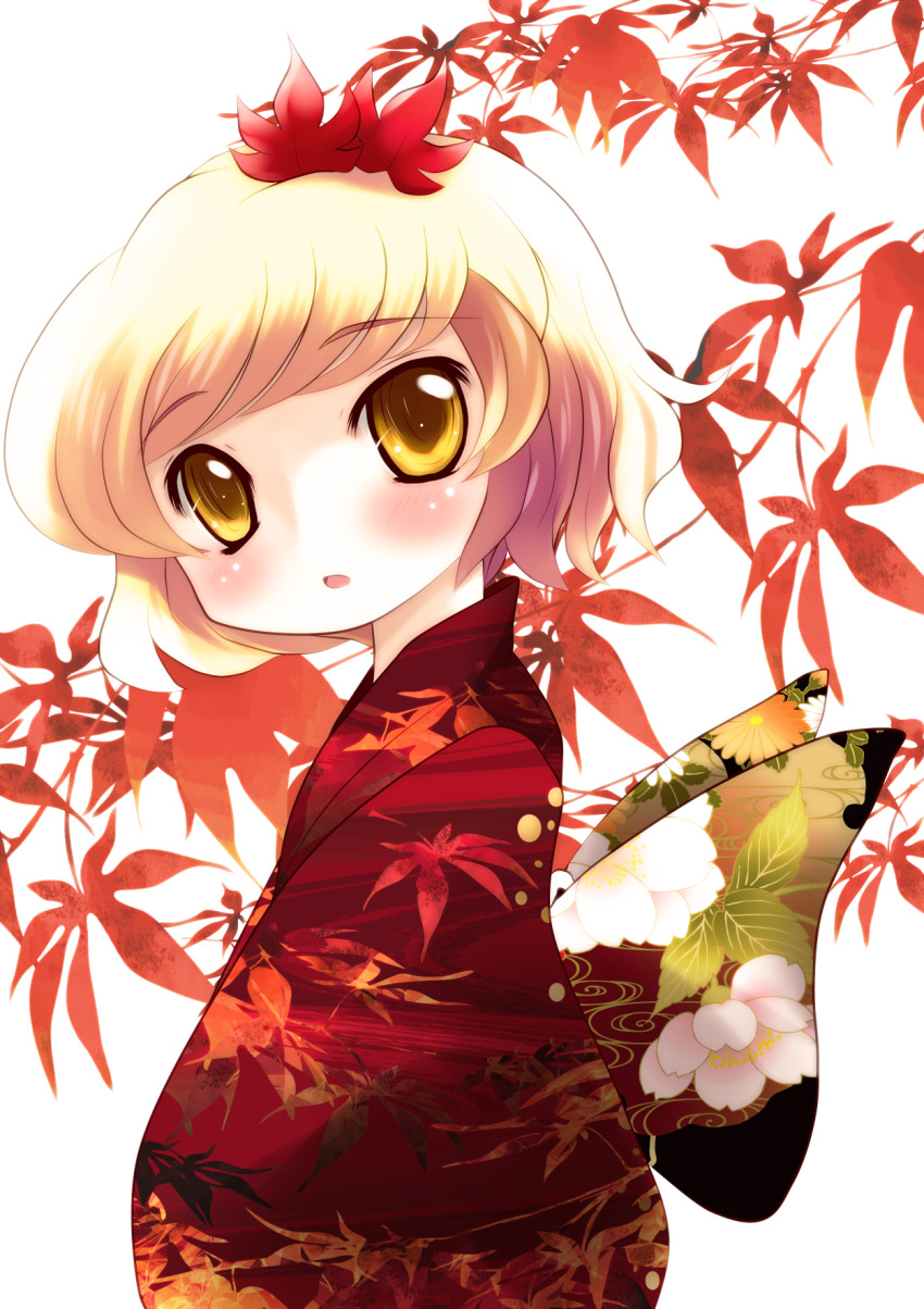 Safebooru Aki Shizuha Blonde Hair Blush Furisode Highres Japanese Clothes Kimono Leaf Leaf On