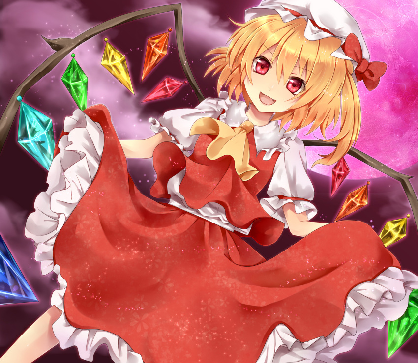 Safebooru Ascot Blonde Hair Blush Fang Flandre Scarlet Full Moon Hat Highres Moon Open Mouth 4610