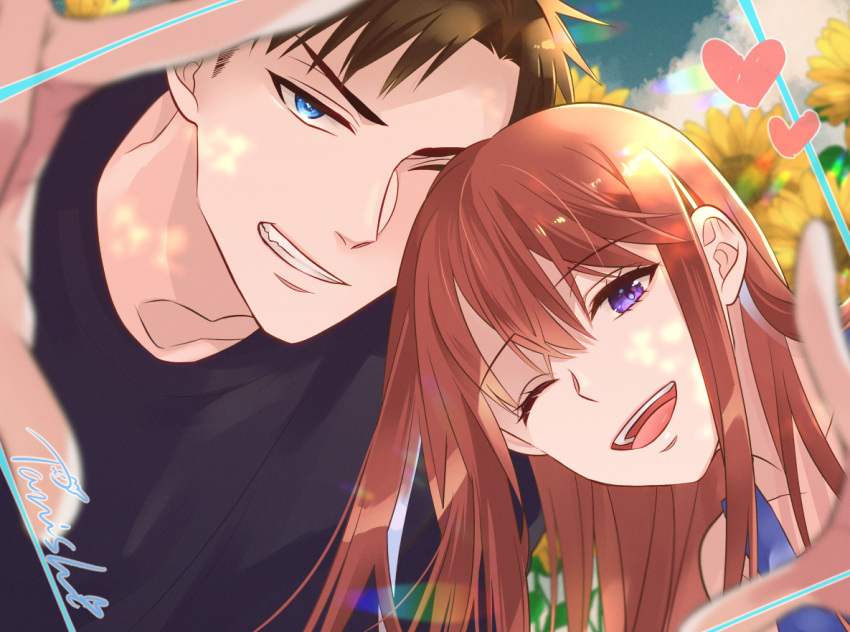 Safebooru - 1boy 1girl black shirt blue eyes brown hair commentary ...