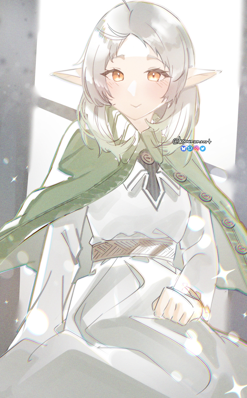 Safebooru 1girl absurdres blush cloak closed mouth dress elf green