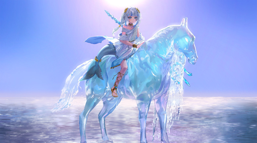 Safebooru - 1girl ancient greek clothes blue dress blue eyes blue sky ...