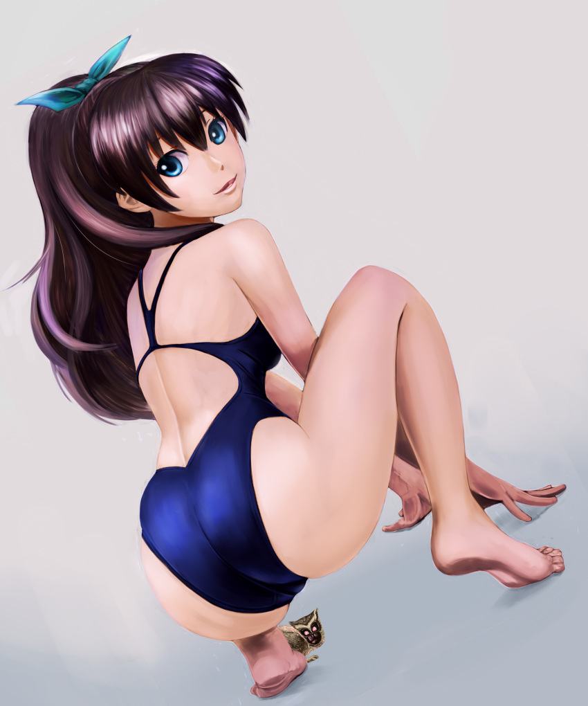 absurdres ass barefoot blue_eyes brown_hair competition_swimsuit dirty_feet...