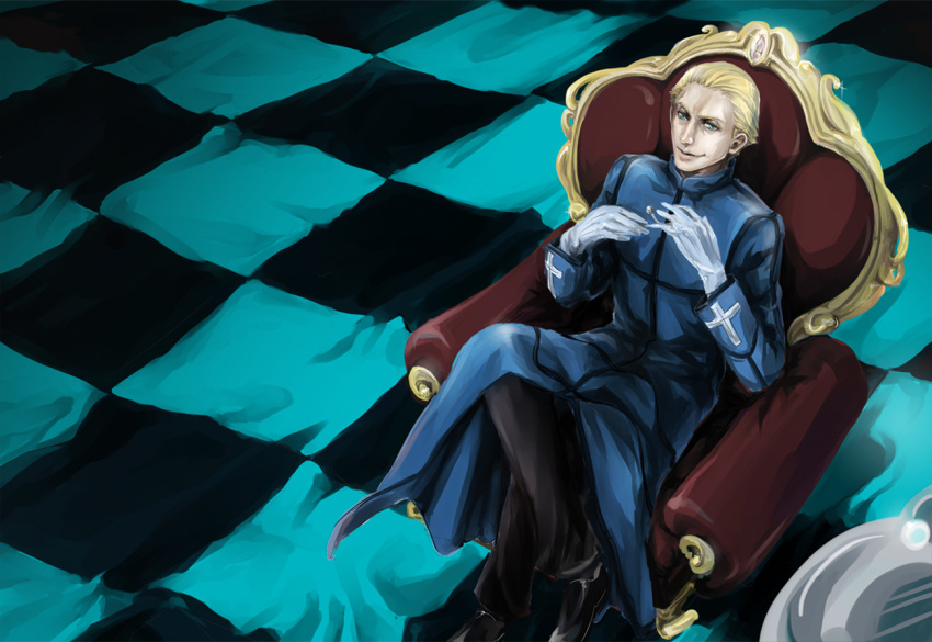Safebooru - blonde hair chair checkered checkered floor crossed legs ...