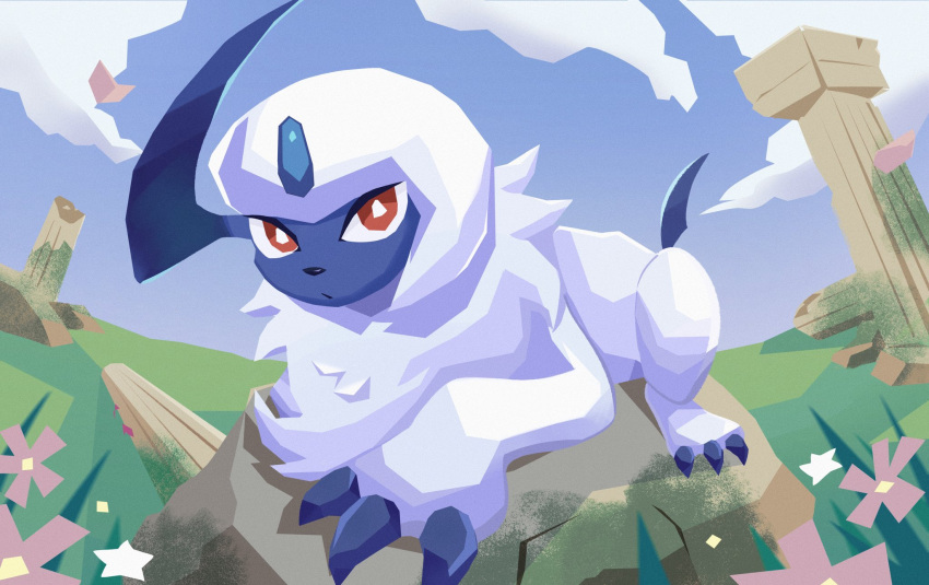 Safebooru - absol animal focus blue sky bright pupils broken pillar ...