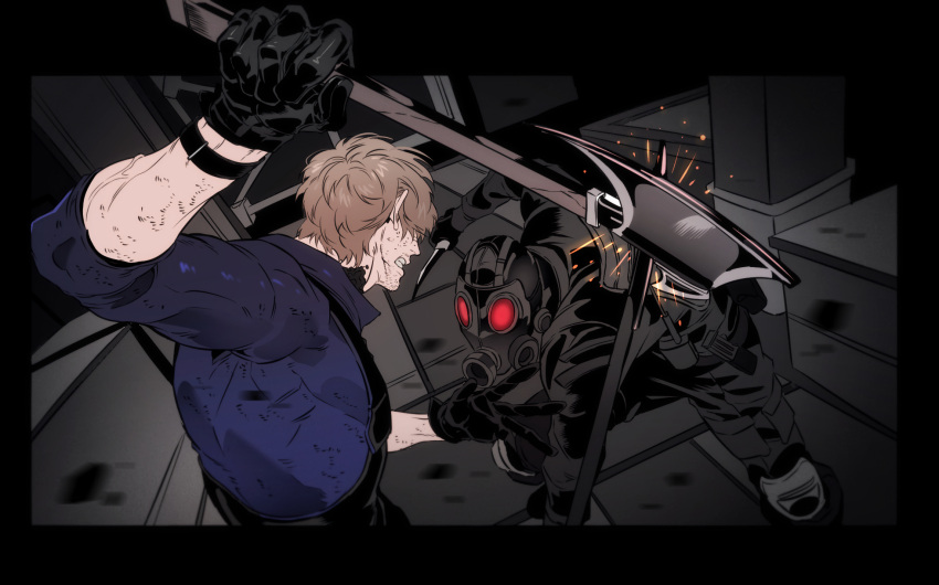Safebooru - 2boys axe battle black gloves black jacket black pants ...