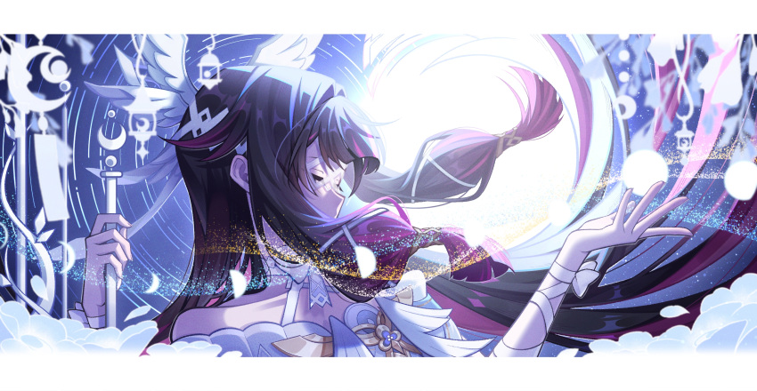 Safebooru - 1girl arm ribbon bare shoulders black hair blue flower blue ...