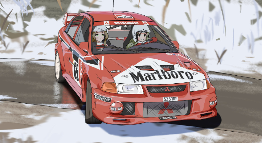 Safebooru - 2girls brown hair car day driving green eyes grin handa ...