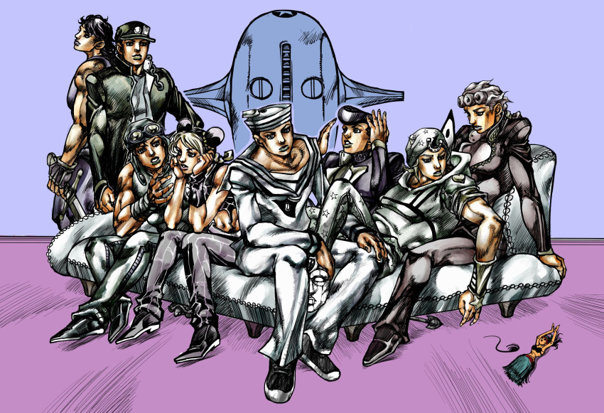 Safebooru 1girl 6+boys arrow colored family giorno giovanna hat