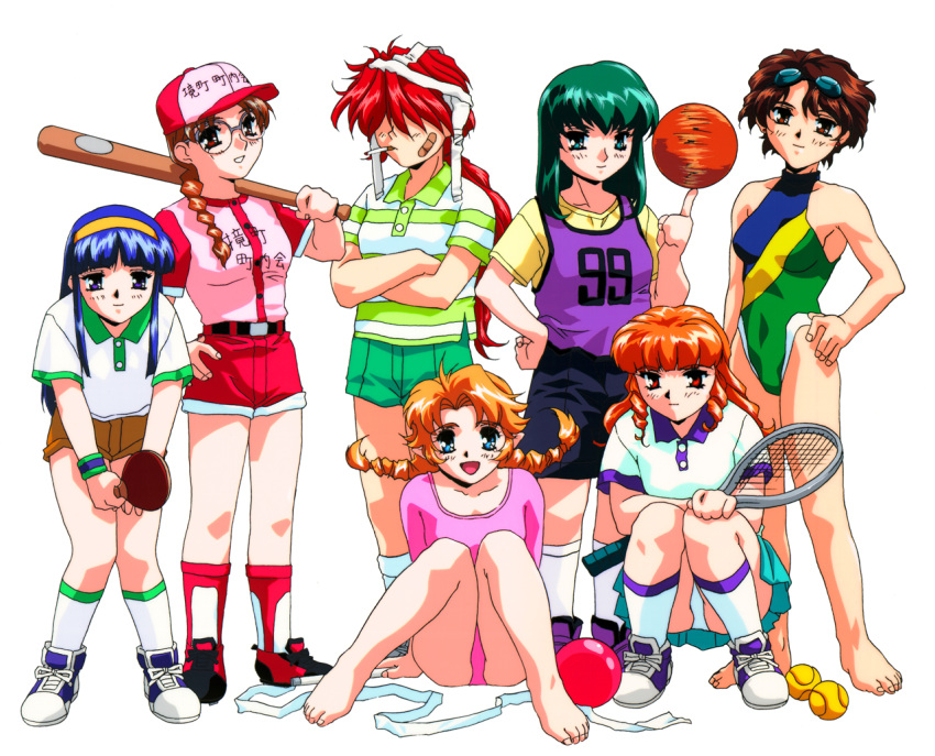 Safebooru 6 Girls 90s Annotated Arima Ayumi Asakura Kaori Ball Bandaid Barefoot Baseball Bat