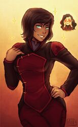 2girls alternate_hair_length alternate_hairstyle asami_sato avatar_legends black_hair blue_eyes brown_hair chibi_inset cosplay dark_skin hand_on_hip heart heart-shaped_pupils iahfy korra multiple_girls short_hair solo_focus symbol-shaped_pupils the_legend_of_korra rating:Safe score:6 user:danbooru