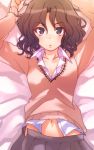 1girl amagami belly_button black_eyes black_hair blush looking_at_viewer lying messy_hair midriff navel on_back sakayama_shinta school_uniform short_hair skirt solo sweater tanamachi_kaoru unzipped wavy_hair rating:Safe score:3 user:danbooru