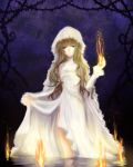  1girl blue_eyes brown_hair dress expressionless fire hood long_hair night partially_submerged sasamichi_mahiro skirt_lift sky solo stars thorns veil water  rating:safe score: user:softfang