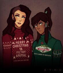 2girls asami_sato avatar_legends blue_eyes brown_hair christmas dark_skin ear_piercing eyebrow_piercing eyeshadow green_eyes hair_tubes k-y-h-u korra lipstick long_hair makeup multiple_girls piercing sweater the_legend_of_korra turtleneck rating:Safe score:2 user:danbooru